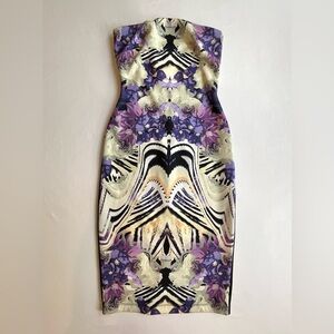 bebe Strapless Dress with Purple and Cream Patterns